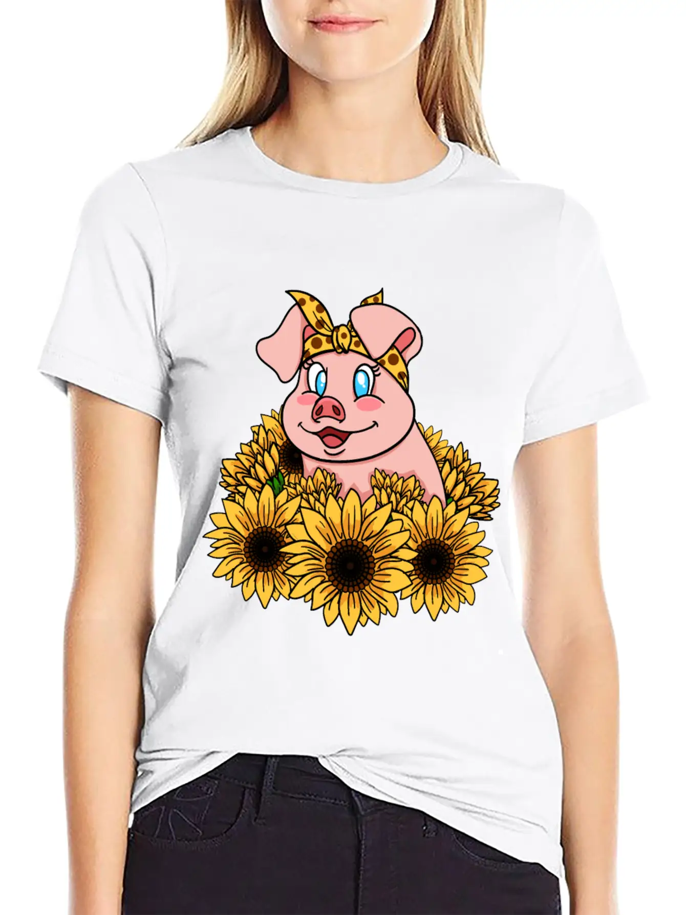 Cute Piggy With Sunflowers Unisex Casual T-Shirt – Clean Design For Daily Comfort