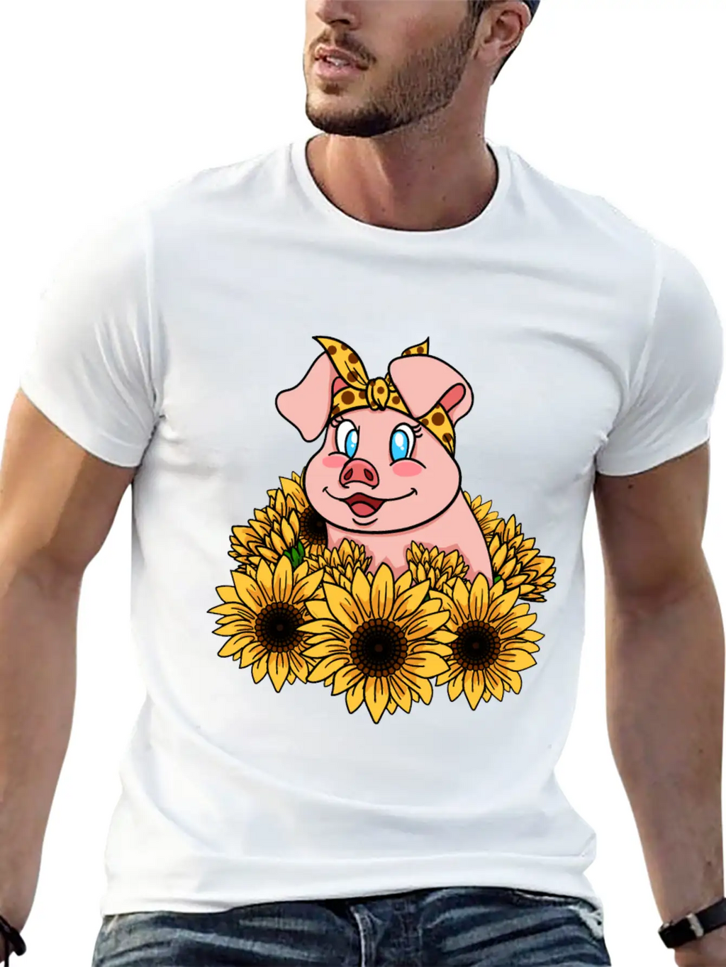 Cute Piggy With Sunflowers Unisex Casual T-Shirt – Clean Design For Daily Comfort