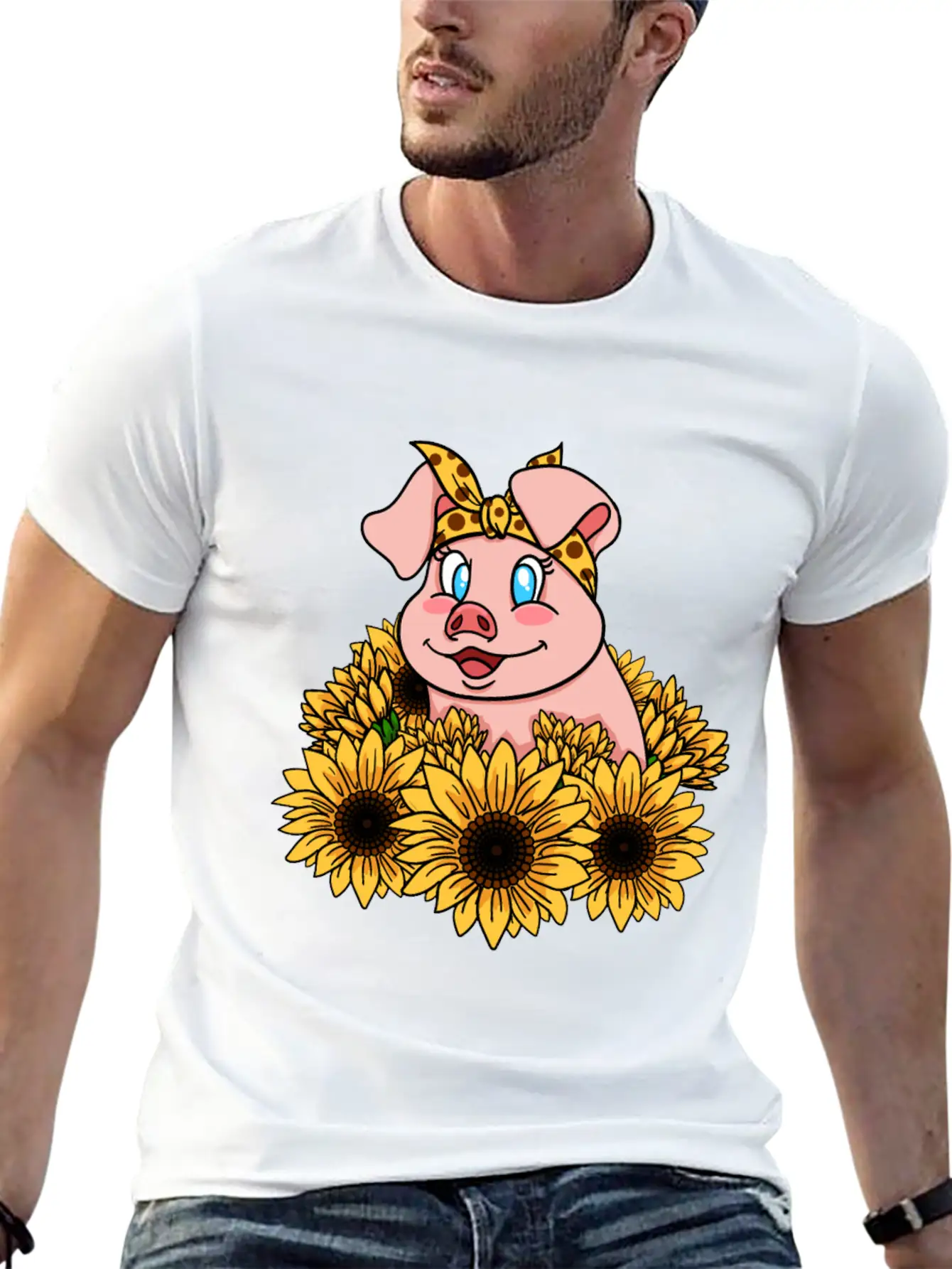 Cute Piggy With Sunflowers Unisex Casual T-Shirt – Clean Design For Daily Comfort