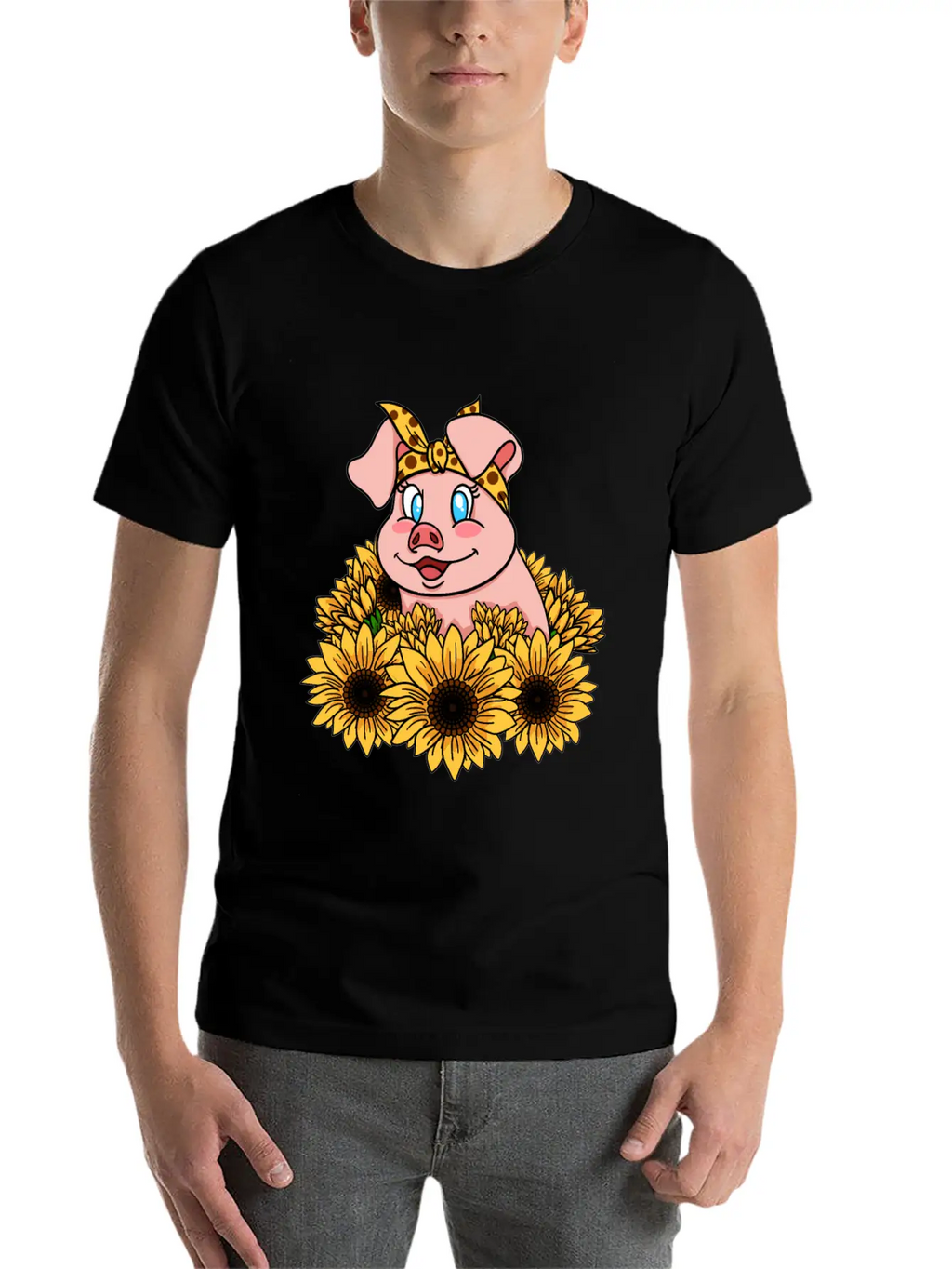 Cute Piggy With Sunflowers Unisex Casual T-Shirt – Clean Design For Daily Comfort
