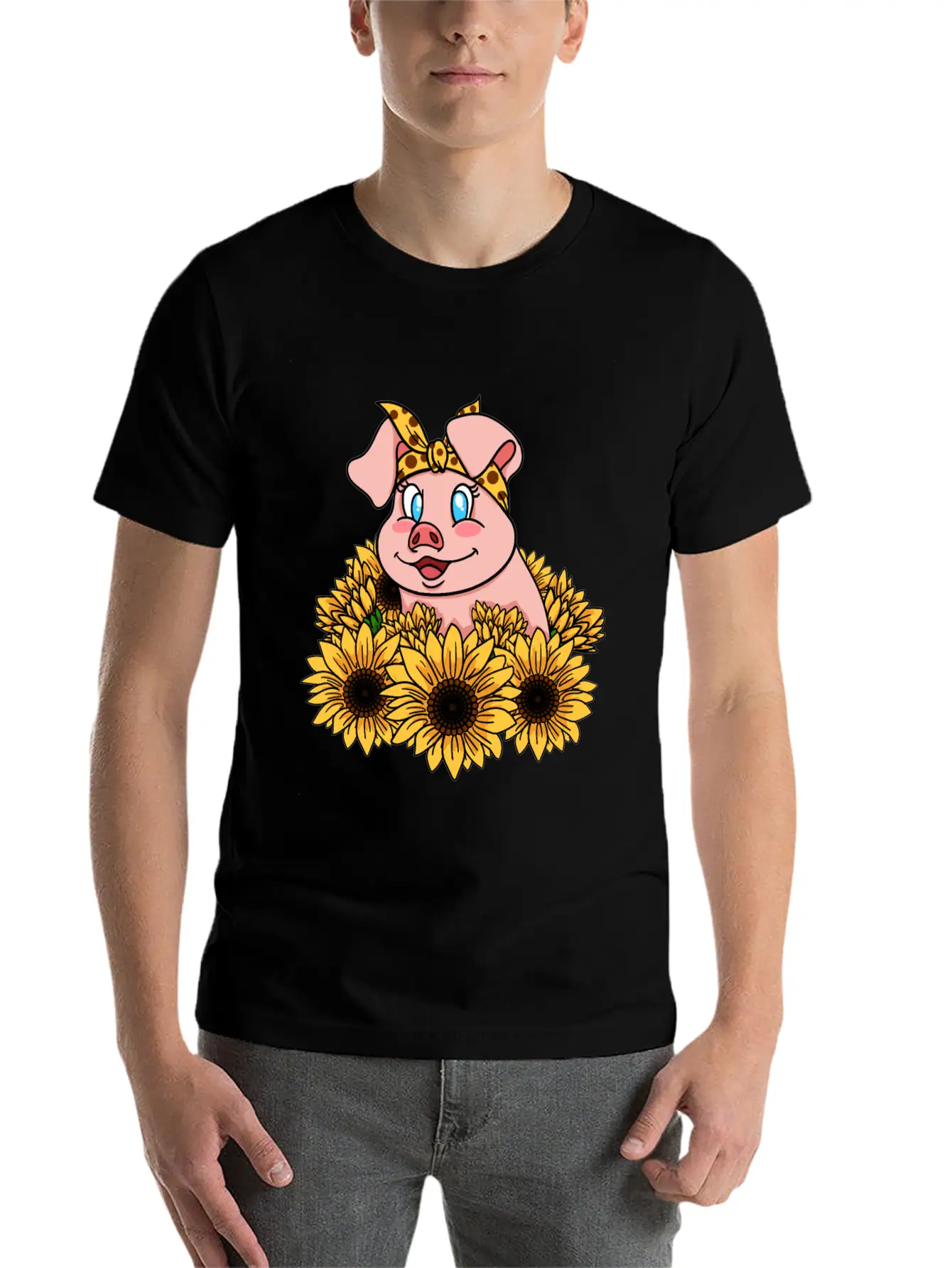 Cute Piggy With Sunflowers Unisex Casual T-Shirt – Clean Design For Daily Comfort