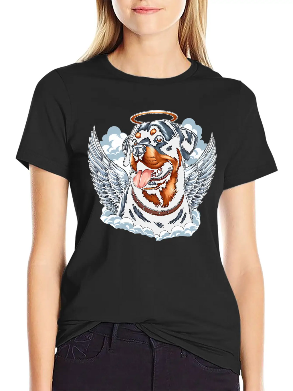 Cute Rottweiler Angel Halo Essential Cotton Tee For Daily Outfits – Unisex Style