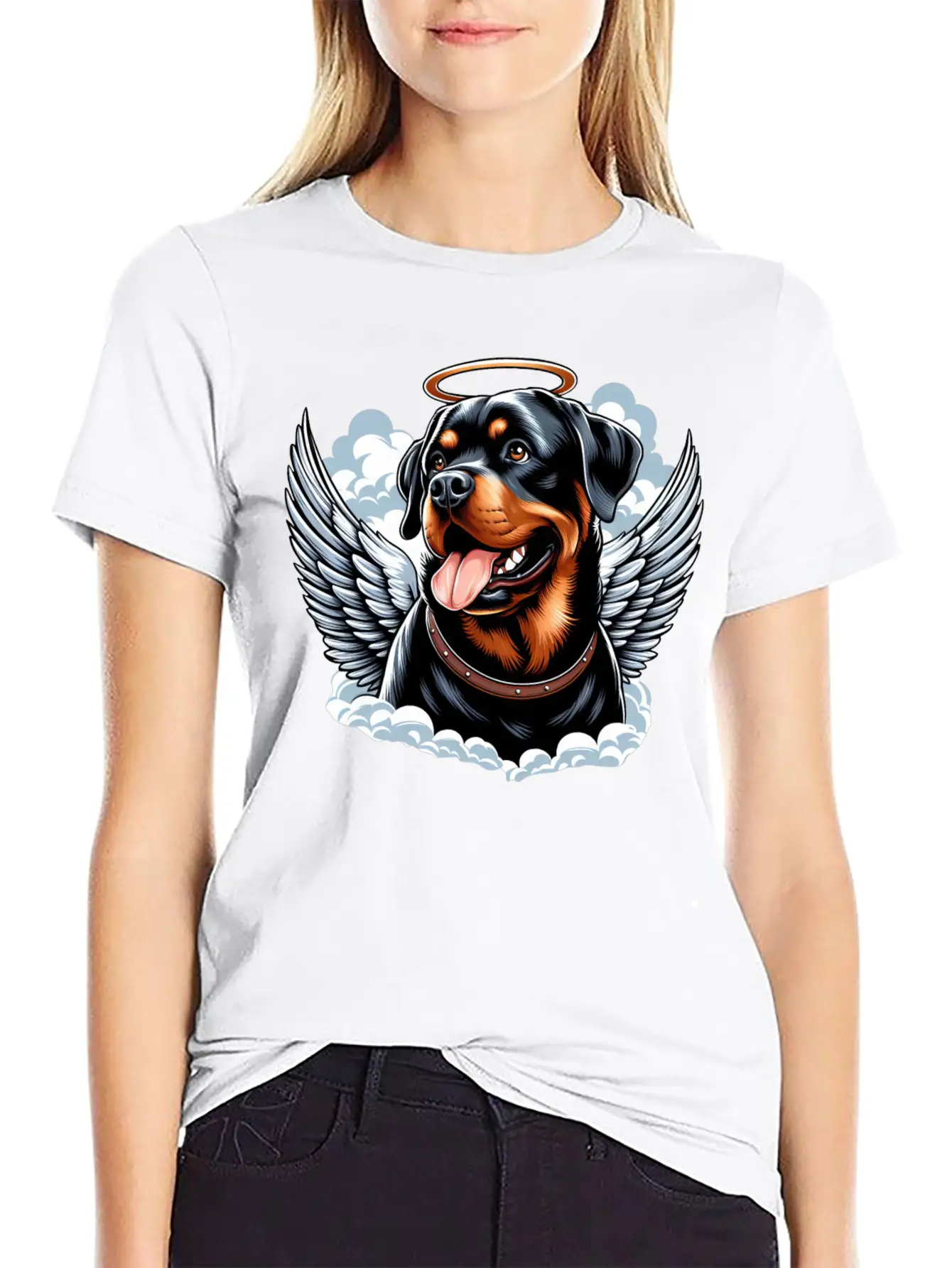 Cute Rottweiler Angel Halo Essential Cotton Tee For Daily Outfits – Unisex Style