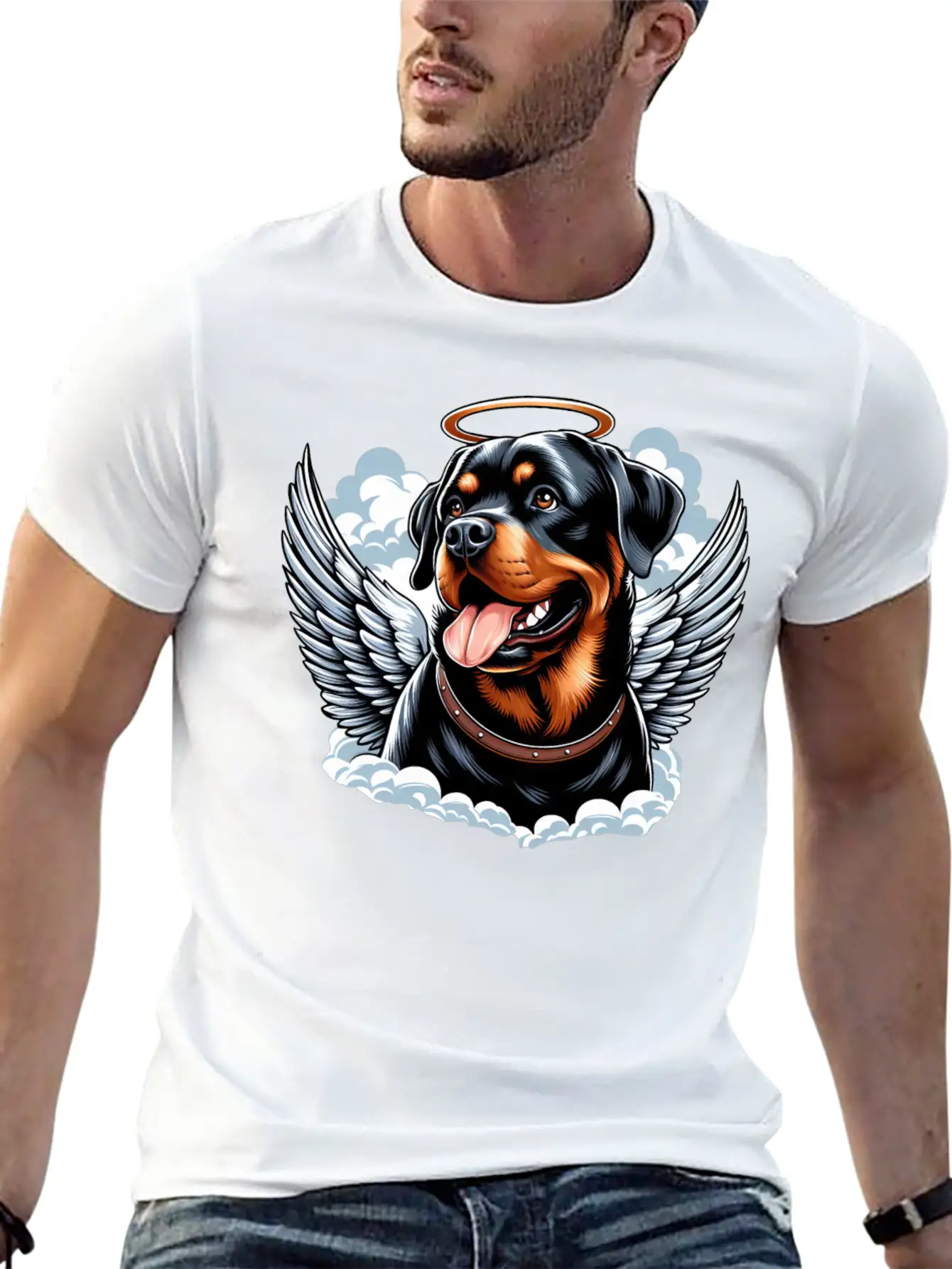 Cute Rottweiler Angel Halo Essential Cotton Tee For Daily Outfits – Unisex Style