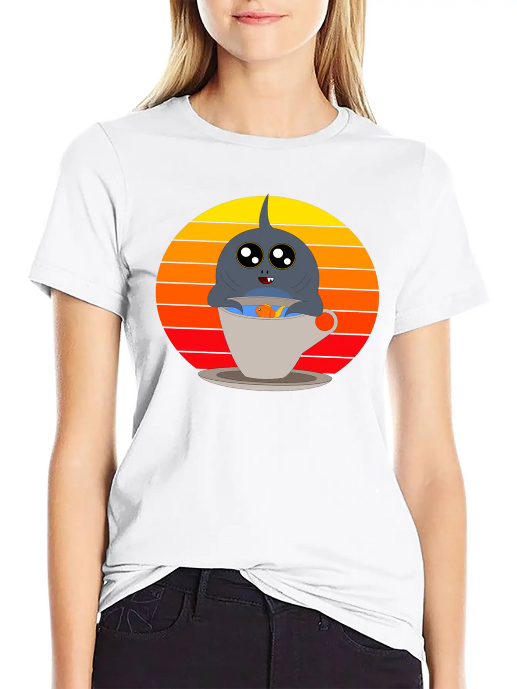 Cute Shark In The Sunset Casual Graphic T-Shirt – Simple And Comfortable Daily Wear