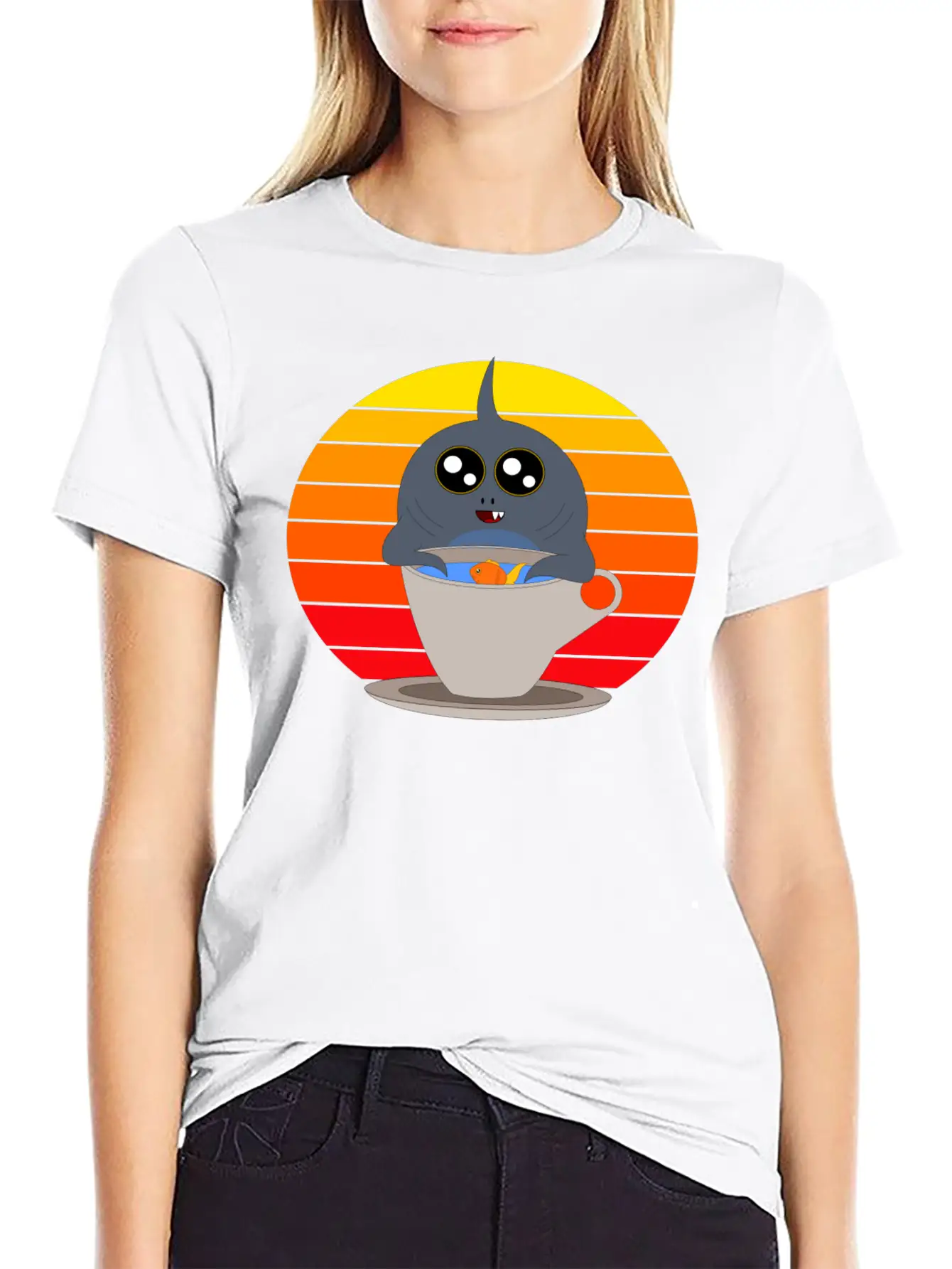 Cute Shark In The Sunset Casual Graphic T-Shirt – Simple And Comfortable Daily Wear
