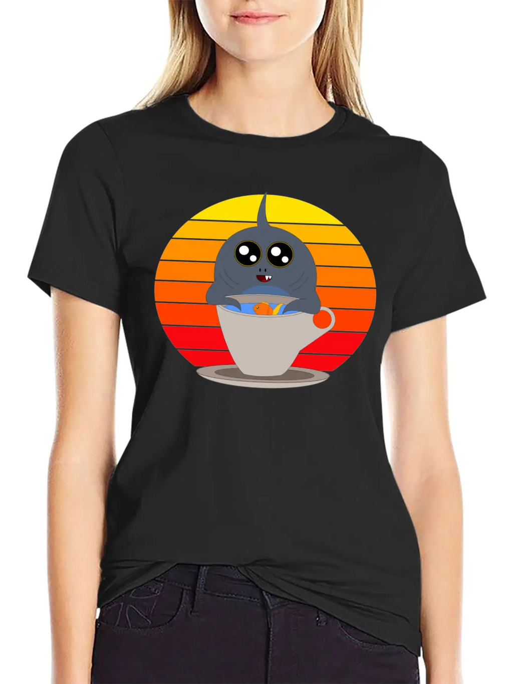 Cute Shark In The Sunset Casual Graphic T-Shirt – Simple And Comfortable Daily Wear