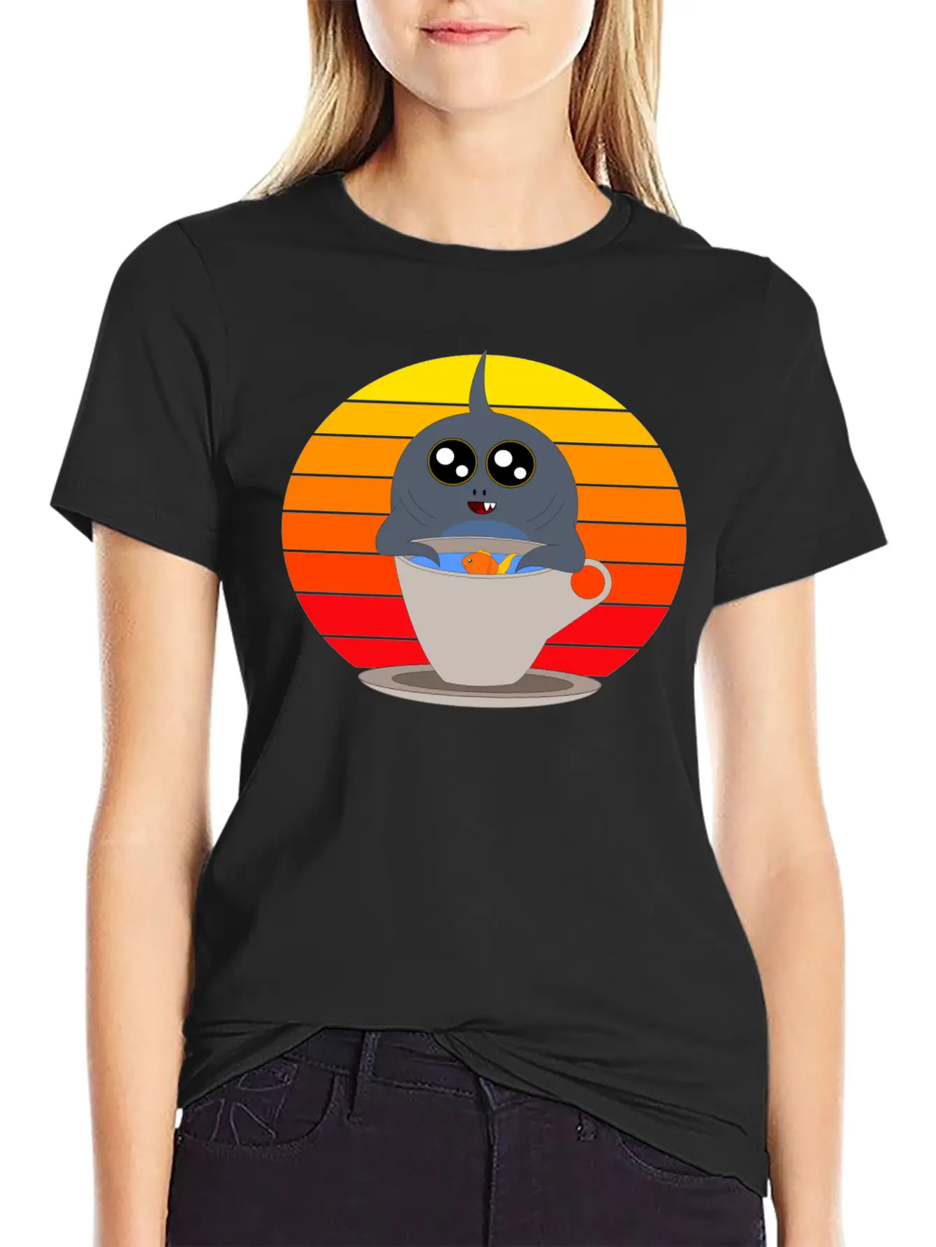 Cute Shark In The Sunset Casual Graphic T-Shirt – Simple And Comfortable Daily Wear