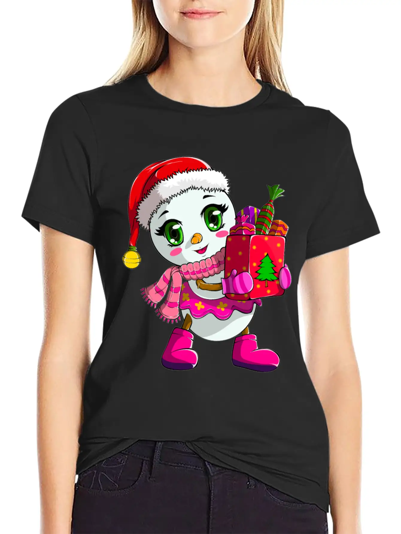 Cute Shopping Snowwoman Shopaholic Christmas Breathable Soft Cotton T-Shirt – Timeless Casual Look