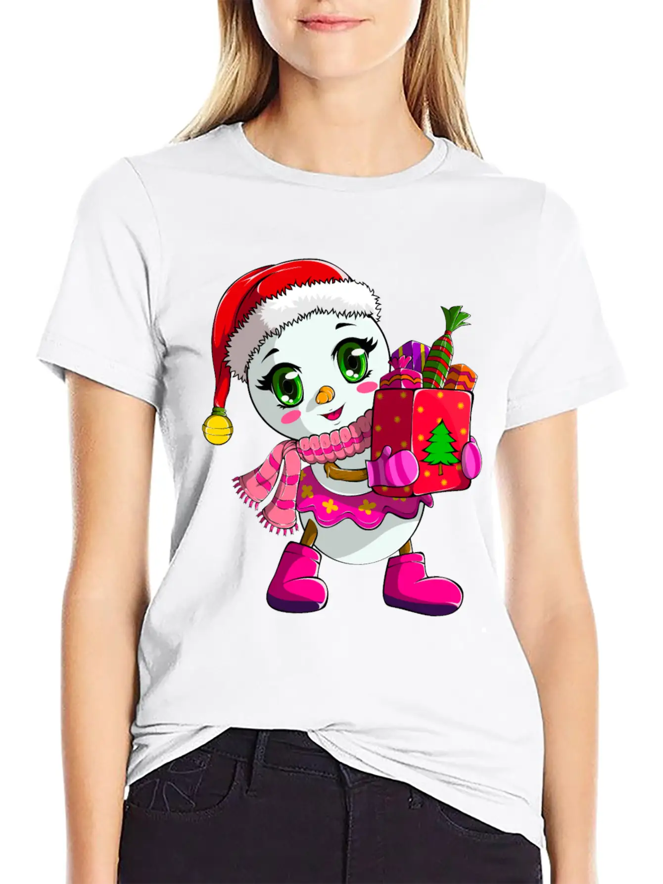 Cute Shopping Snowwoman Shopaholic Christmas Breathable Soft Cotton T-Shirt – Timeless Casual Look