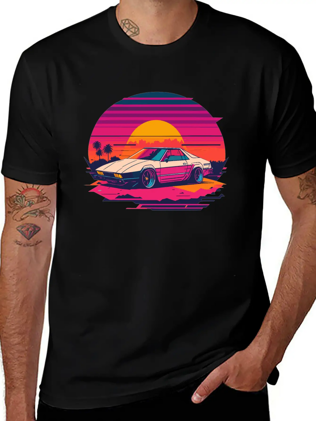 Cyberpunk Car, Sunset, And Palm Trees Unisex Short Sleeve Soft Cotton T-Shirt – Casual Everyday Wear
