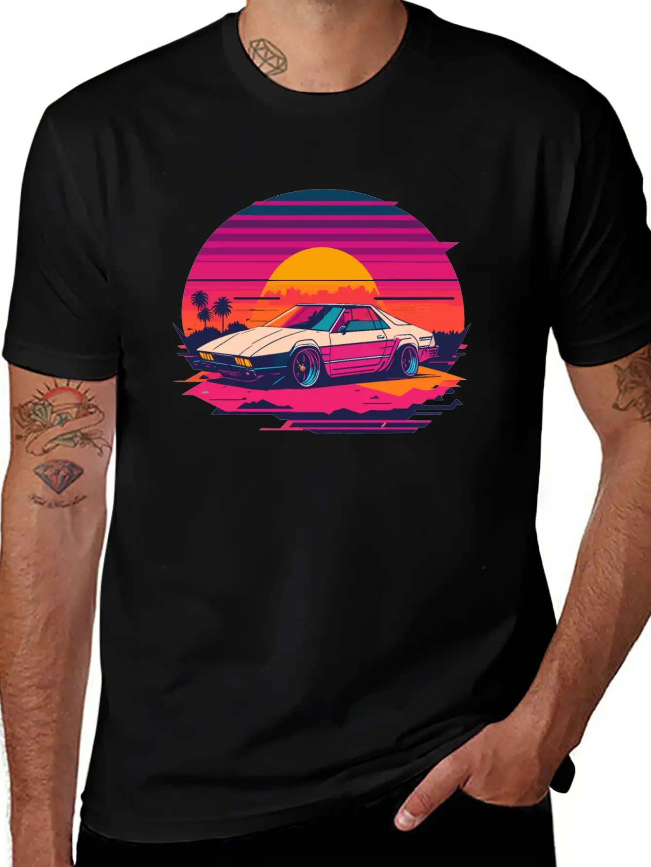 Cyberpunk Car, Sunset, And Palm Trees Unisex Short Sleeve Soft Cotton T-Shirt – Casual Everyday Wear