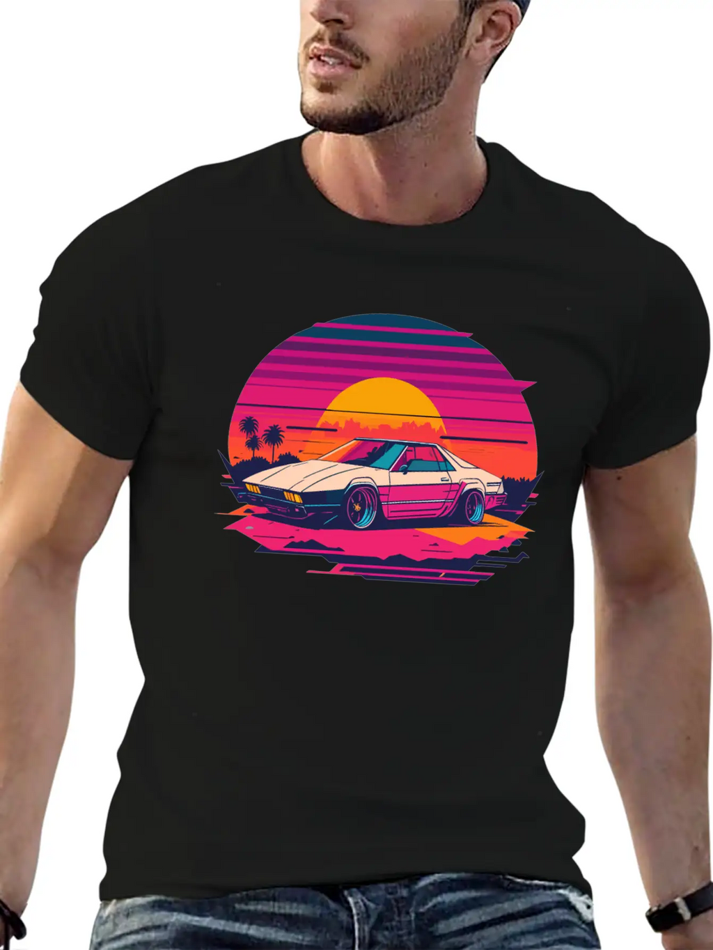 Cyberpunk Car, Sunset, And Palm Trees Unisex Short Sleeve Soft Cotton T-Shirt – Casual Everyday Wear