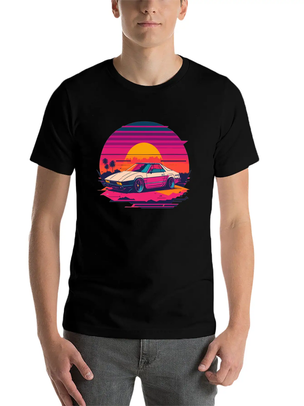 Cyberpunk Car, Sunset, And Palm Trees Unisex Short Sleeve Soft Cotton T-Shirt – Casual Everyday Wear