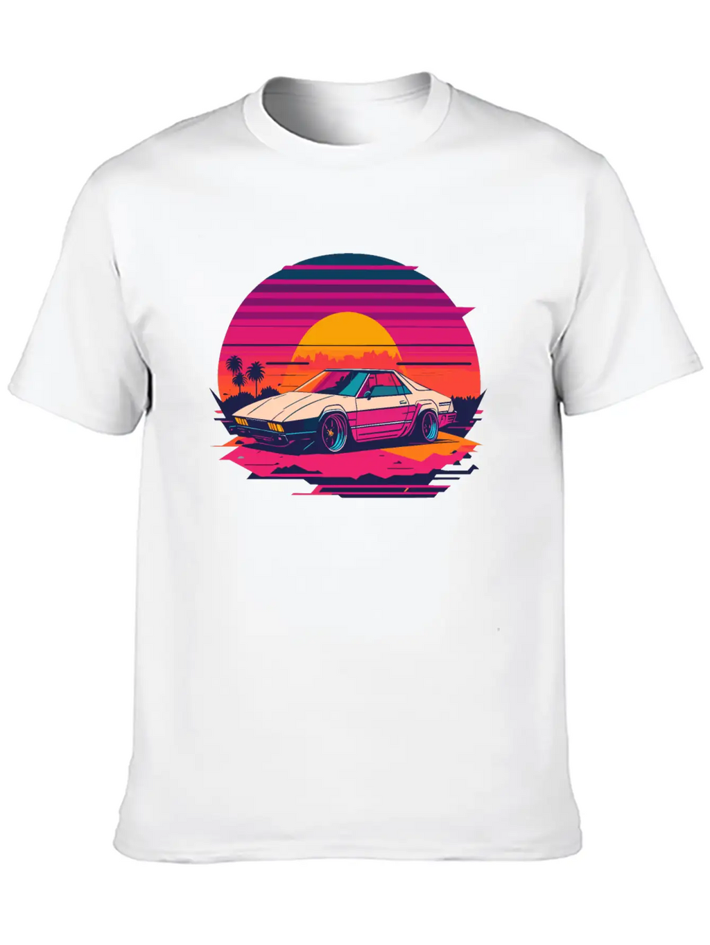 Cyberpunk Car, Sunset, And Palm Trees Unisex Short Sleeve Soft Cotton T-Shirt – Casual Everyday Wear