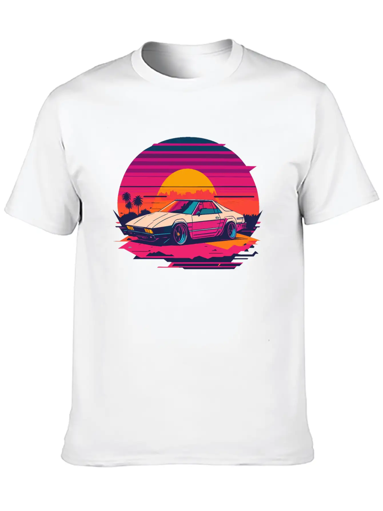 Cyberpunk Car, Sunset, And Palm Trees Unisex Short Sleeve Soft Cotton T-Shirt – Casual Everyday Wear