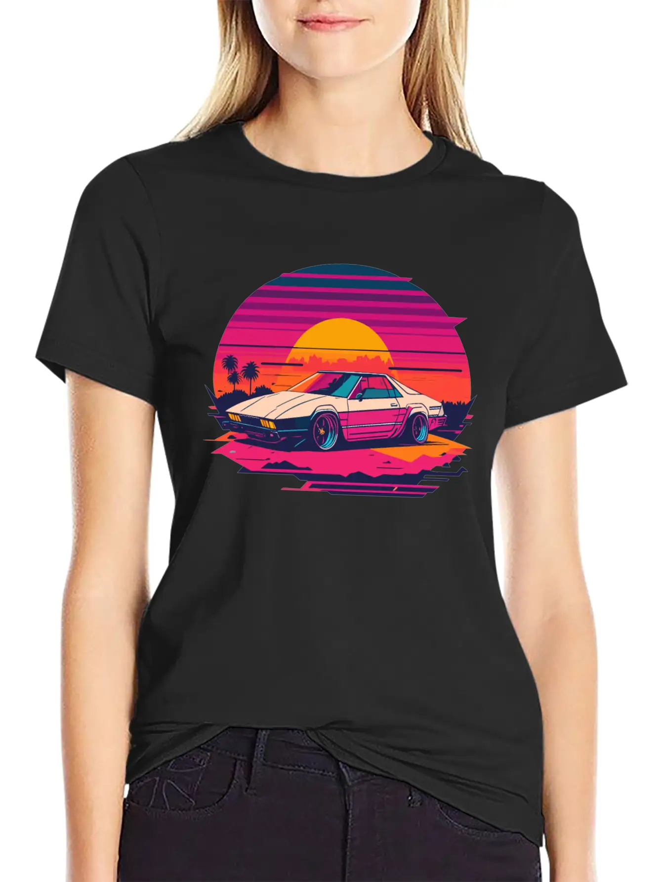Cyberpunk Car, Sunset, And Palm Trees Unisex Short Sleeve Soft Cotton T-Shirt – Casual Everyday Wear