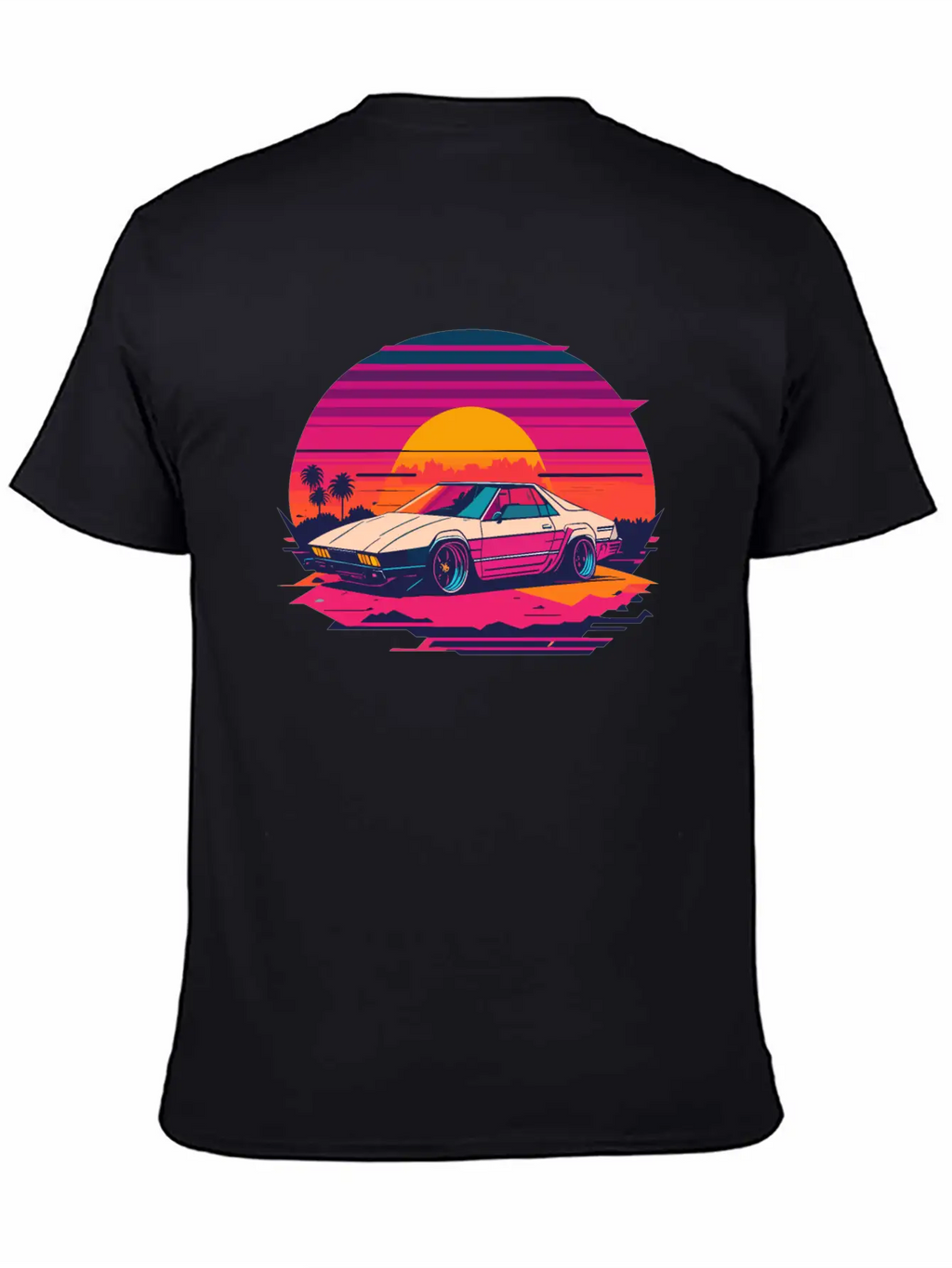 Cyberpunk Car, Sunset, And Palm Trees Unisex Short Sleeve Soft Cotton T-Shirt – Casual Everyday Wear