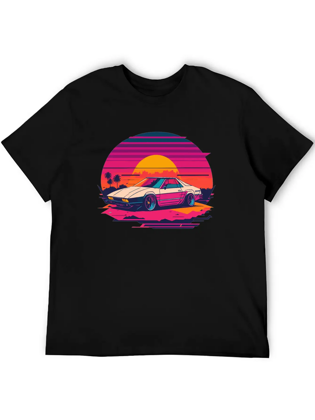 Cyberpunk Car, Sunset, And Palm Trees Unisex Short Sleeve Soft Cotton T-Shirt – Casual Everyday Wear