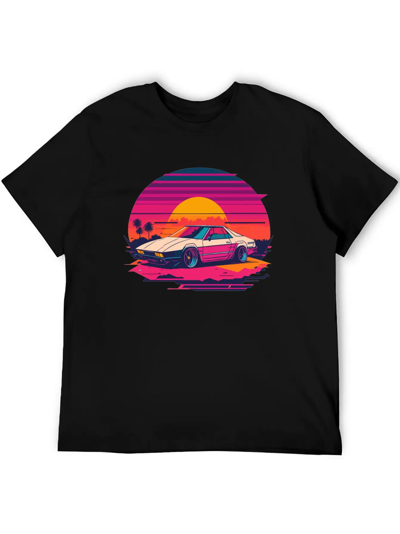Cyberpunk Car, Sunset, And Palm Trees Unisex Short Sleeve Soft Cotton T-Shirt – Casual Everyday Wear