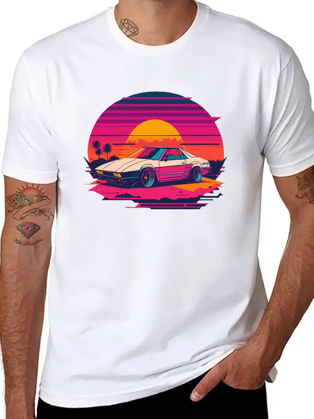 Cyberpunk Car, Sunset, And Palm Trees Unisex Short Sleeve Soft Cotton T-Shirt – Casual Everyday Wear