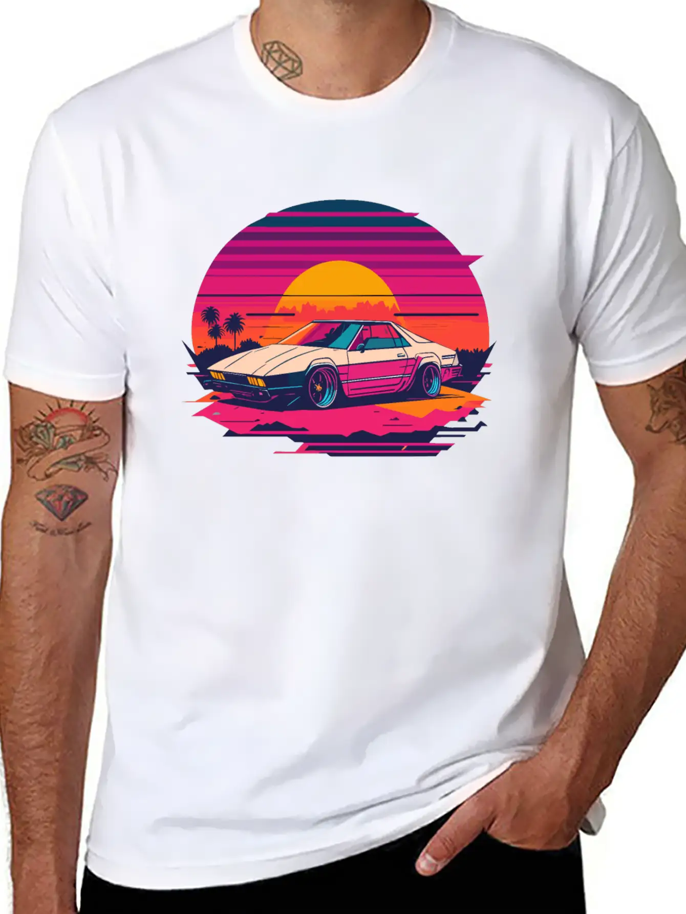 Cyberpunk Car, Sunset, And Palm Trees Unisex Short Sleeve Soft Cotton T-Shirt – Casual Everyday Wear