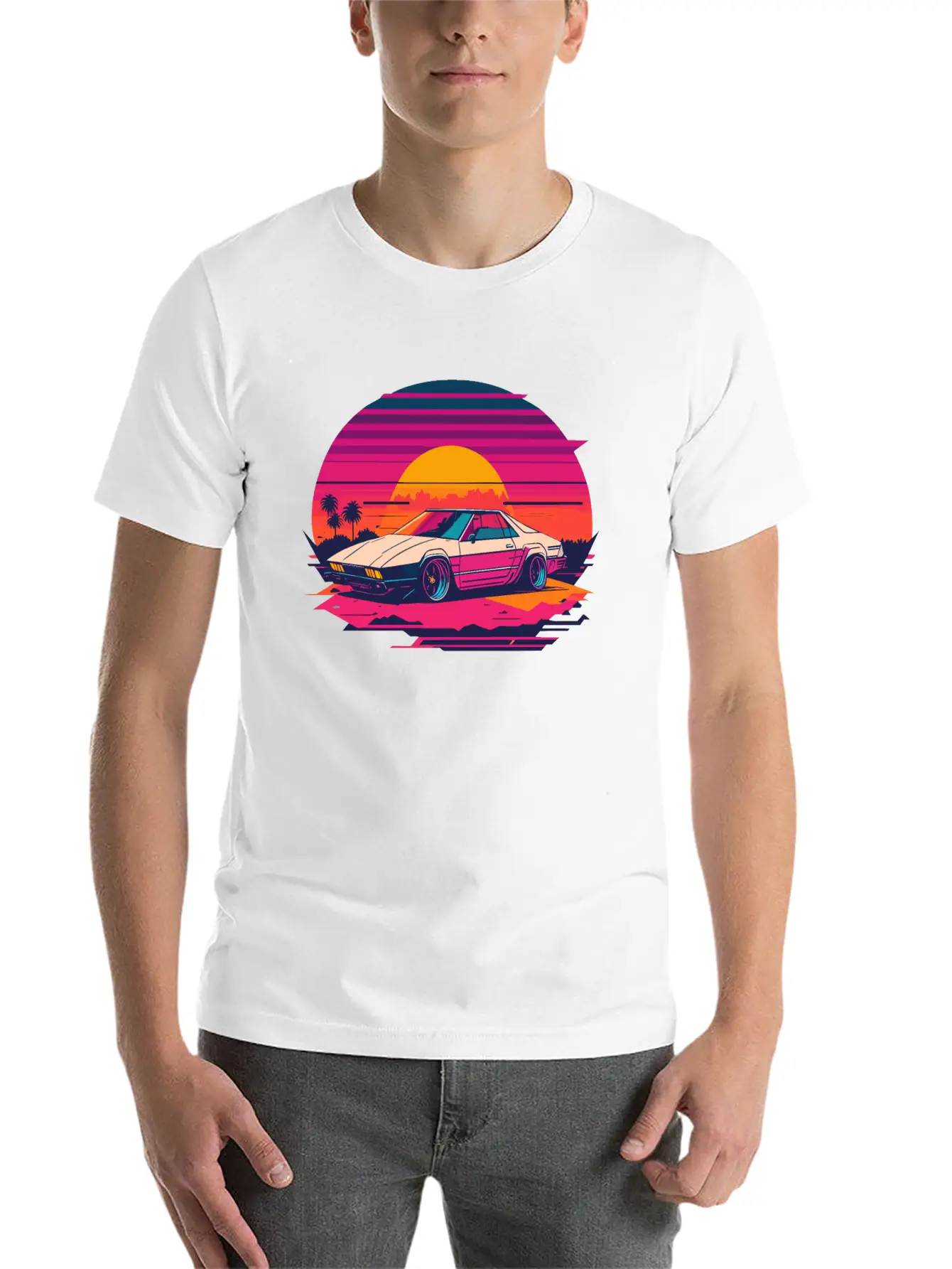 Cyberpunk Car, Sunset, And Palm Trees Unisex Short Sleeve Soft Cotton T-Shirt – Casual Everyday Wear