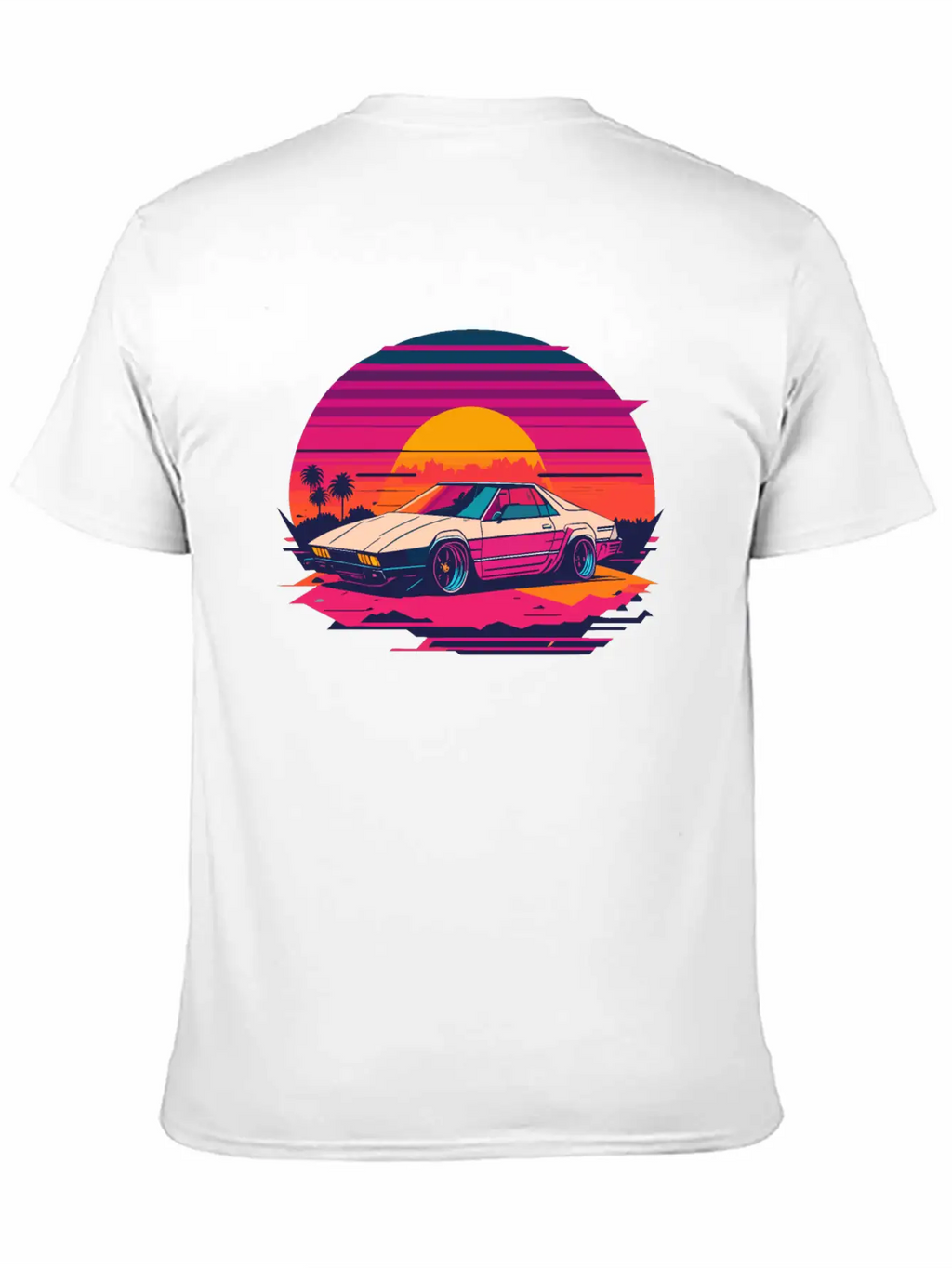 Cyberpunk Car, Sunset, And Palm Trees Unisex Short Sleeve Soft Cotton T-Shirt – Casual Everyday Wear