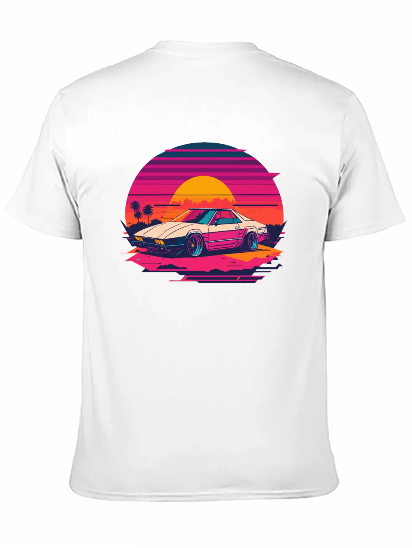 Cyberpunk Car, Sunset, And Palm Trees Unisex Short Sleeve Soft Cotton T-Shirt – Casual Everyday Wear