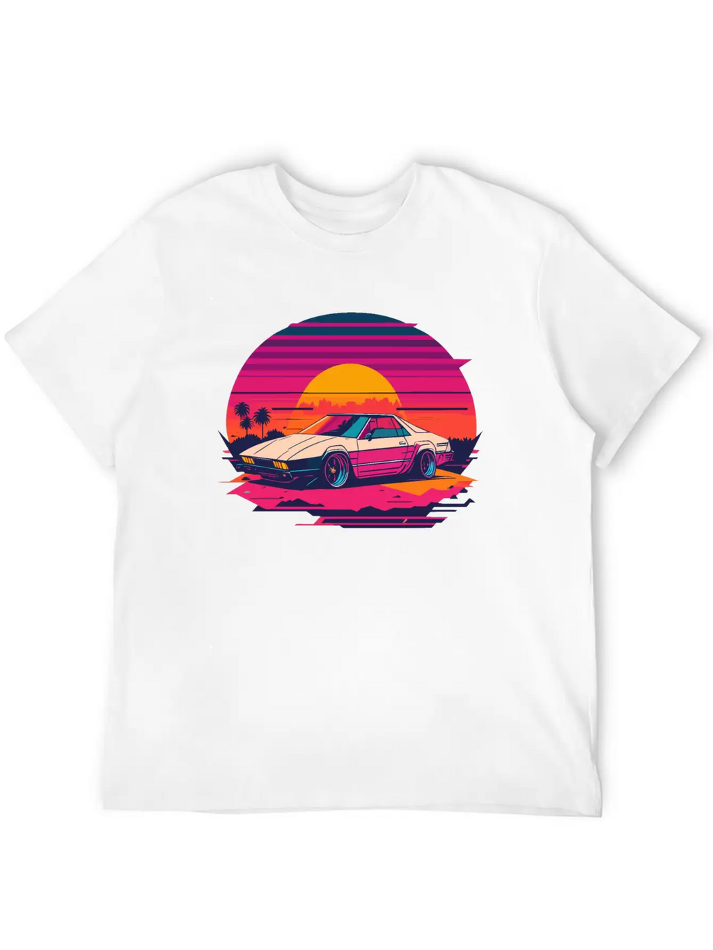 Cyberpunk Car, Sunset, And Palm Trees Unisex Short Sleeve Soft Cotton T-Shirt – Casual Everyday Wear