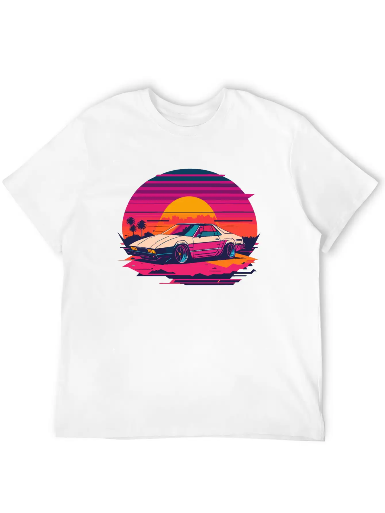 Cyberpunk Car, Sunset, And Palm Trees Unisex Short Sleeve Soft Cotton T-Shirt – Casual Everyday Wear