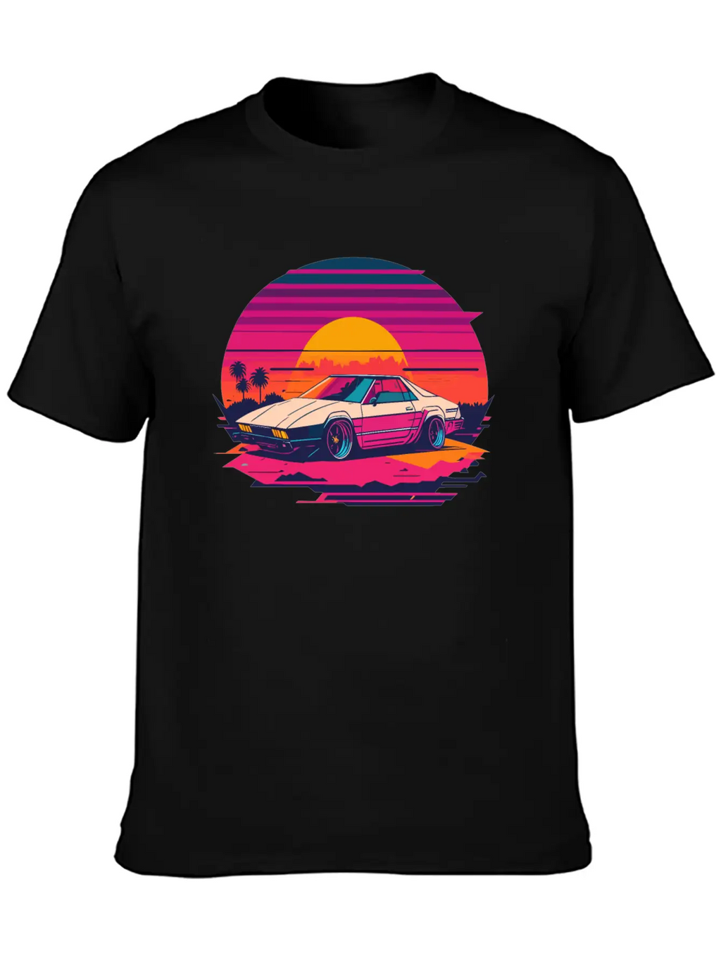 Cyberpunk Car, Sunset, And Palm Trees Unisex Short Sleeve Soft Cotton T-Shirt – Casual Everyday Wear