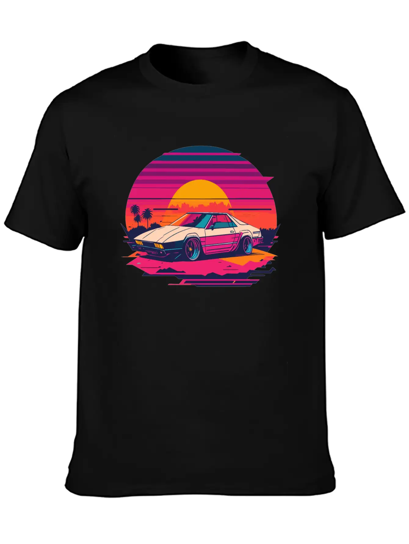 Cyberpunk Car, Sunset, And Palm Trees Unisex Short Sleeve Soft Cotton T-Shirt – Casual Everyday Wear