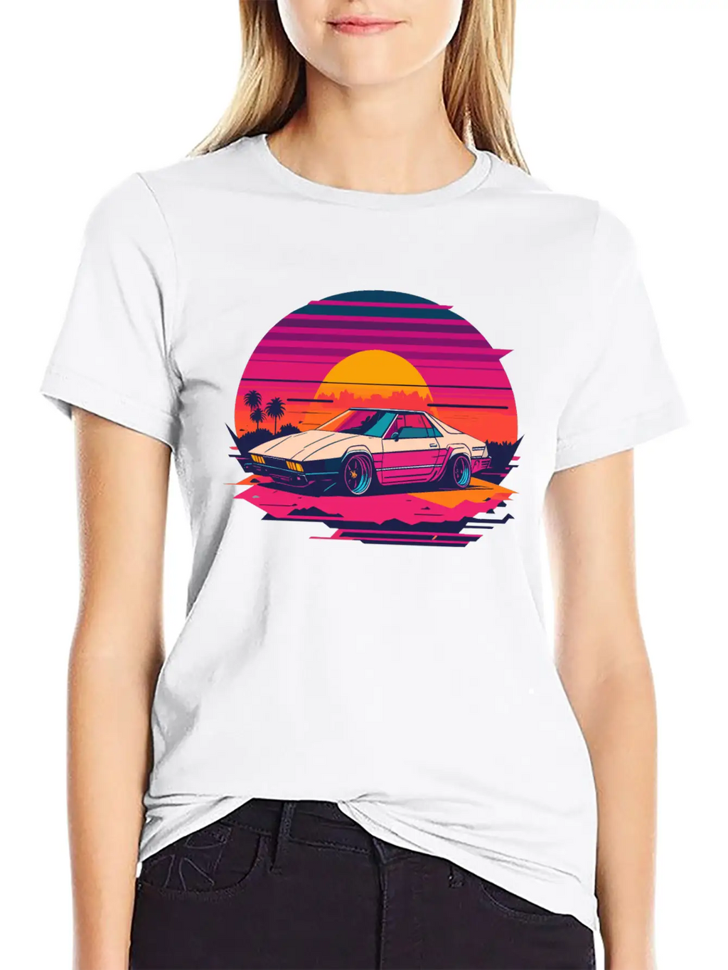 Cyberpunk Car, Sunset, And Palm Trees Unisex Short Sleeve Soft Cotton T-Shirt – Casual Everyday Wear