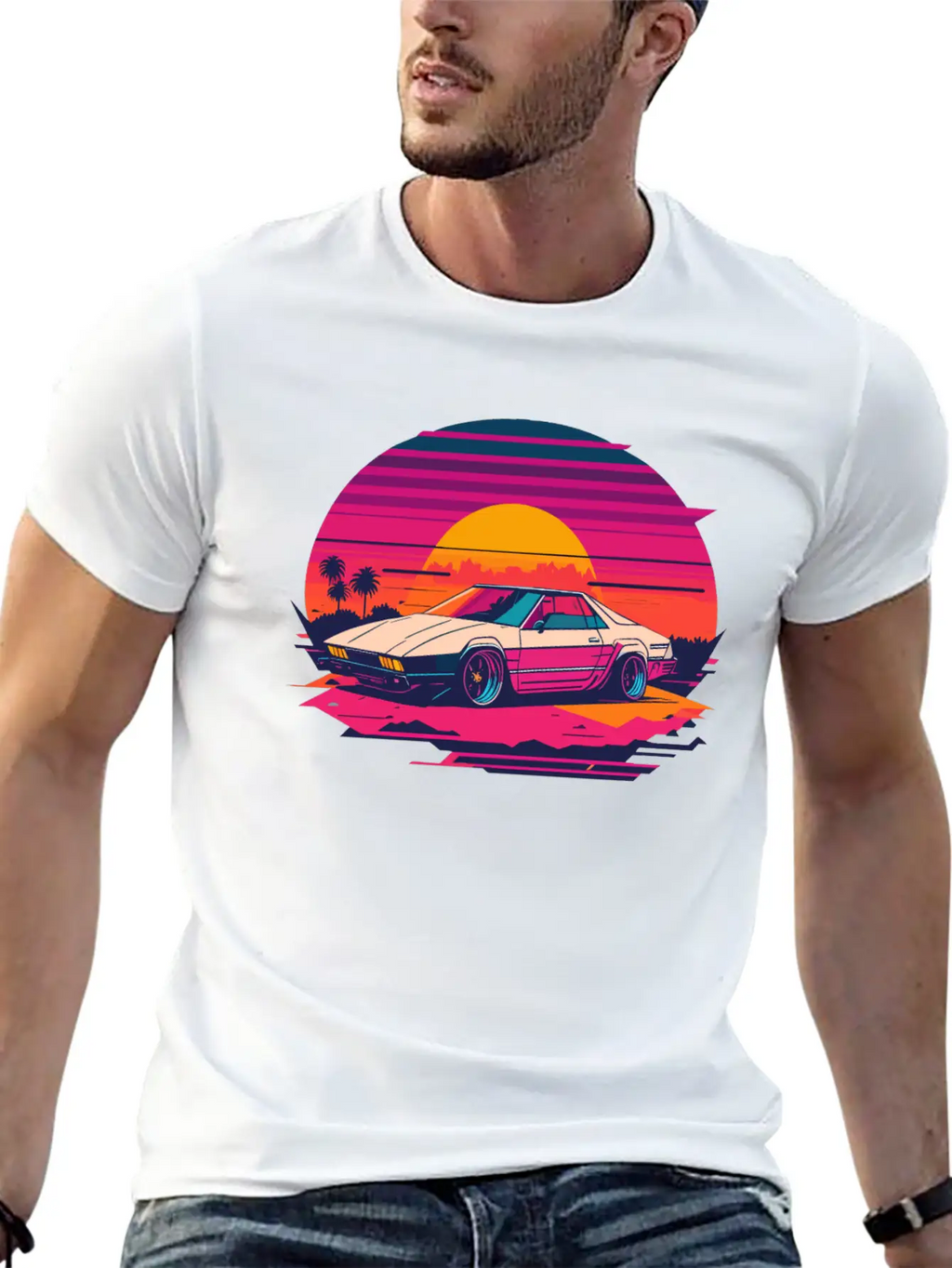 Cyberpunk Car, Sunset, And Palm Trees Unisex Short Sleeve Soft Cotton T-Shirt – Casual Everyday Wear