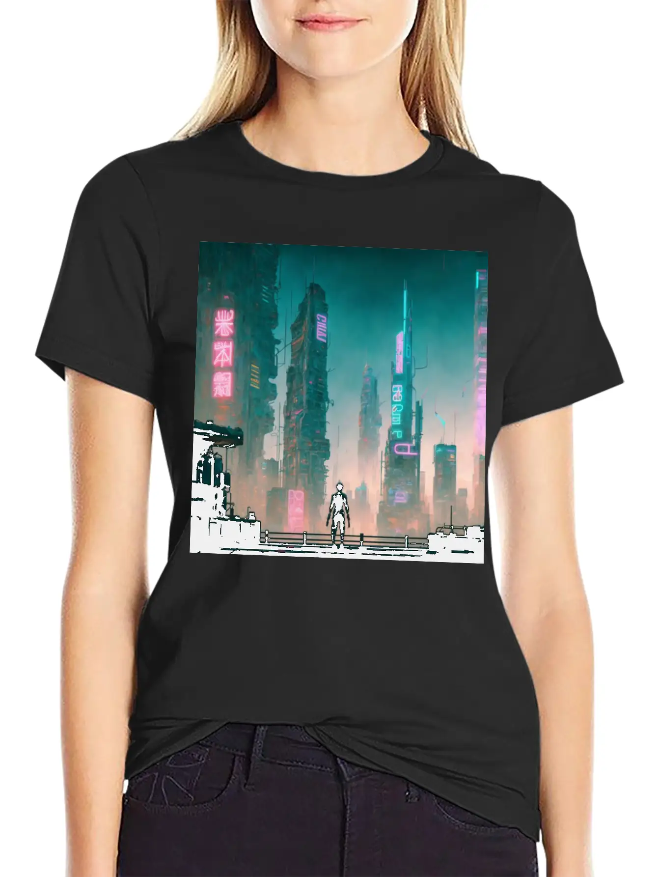 Cyberpunk Cityscape Breathable Soft Cotton T-Shirt – Timeless Casual Look
