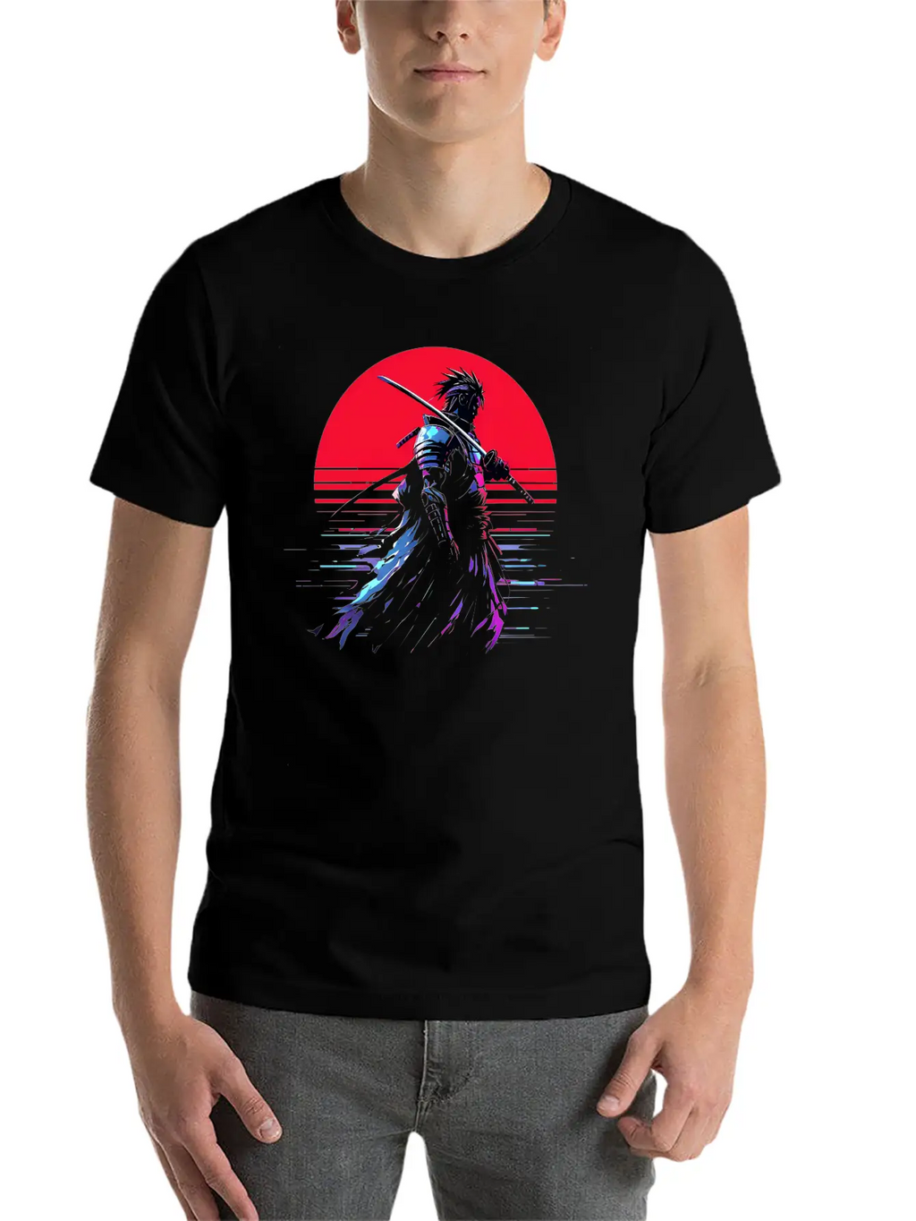 Cyberpunk Samurai Warrior Under Neon Moon Unisex Casual T-Shirt – Clean Design For Daily Comfort