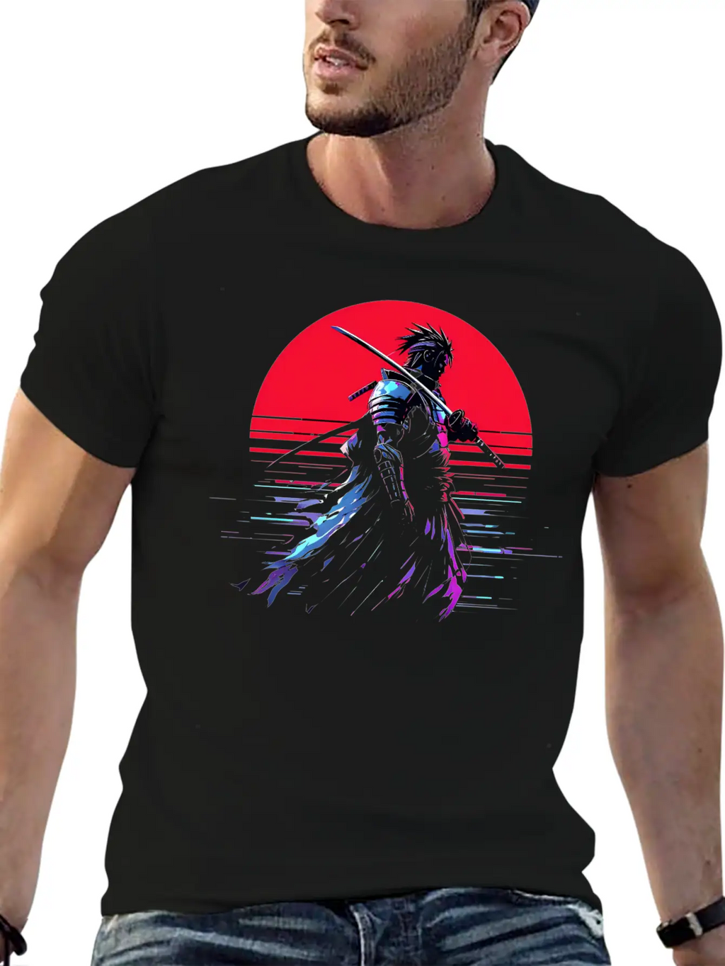 Cyberpunk Samurai Warrior Under Neon Moon Unisex Casual T-Shirt – Clean Design For Daily Comfort