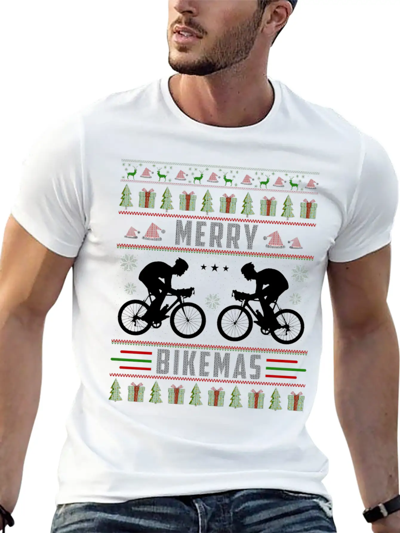Cycling Ugly Christmas Sweater Unisex Short Sleeve Soft Cotton T-Shirt – Casual Everyday Wear