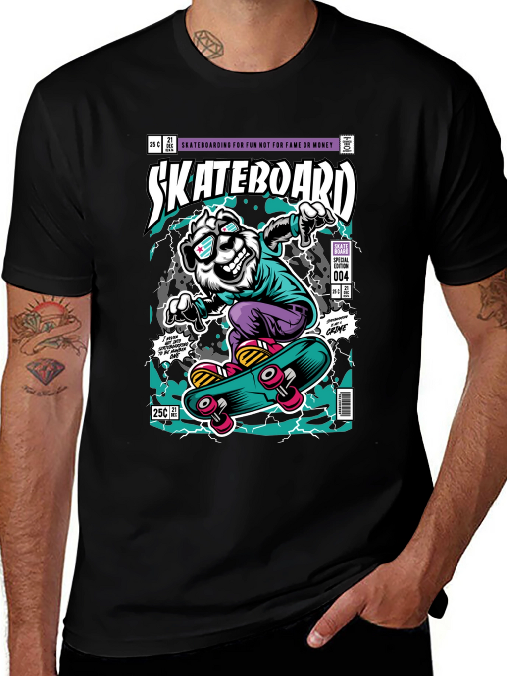 Skateboarding Bear Graphic Tee - Black