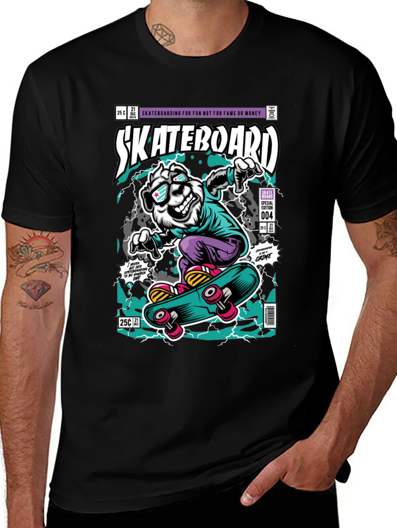 Skateboarding Bear Graphic Tee - Black