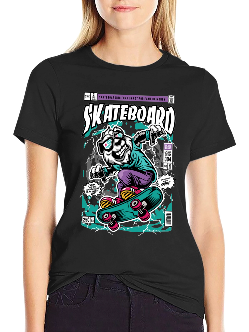 Skateboarding Bear Graphic Tee - Black