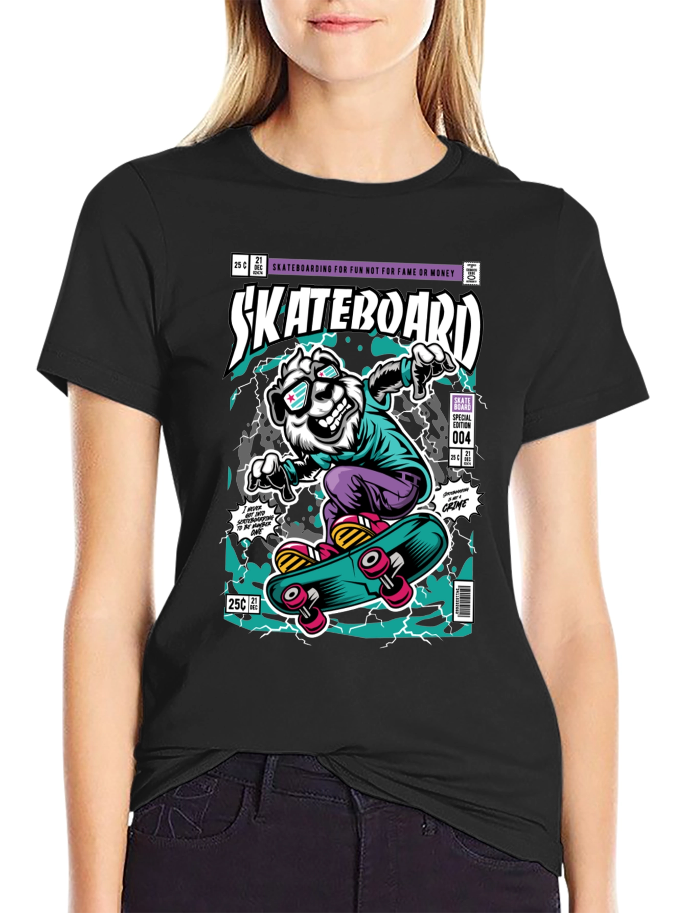 Skateboarding Bear Graphic Tee - Black