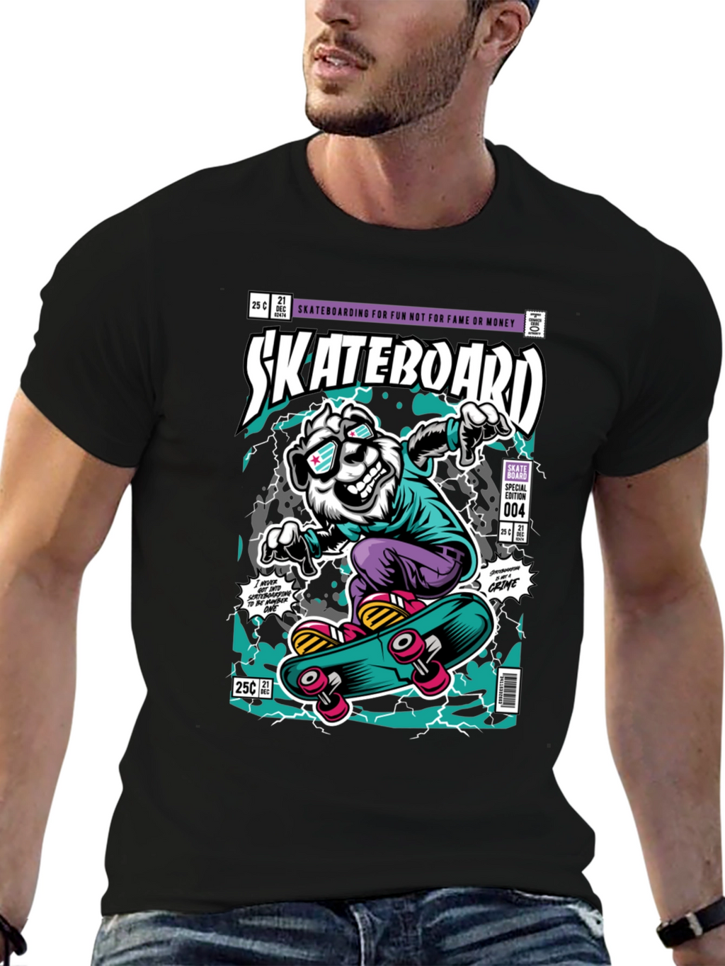 Skateboarding Bear Graphic Tee - Black
