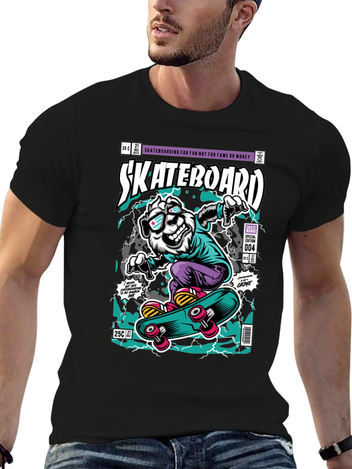Skateboarding Bear Graphic Tee - Black