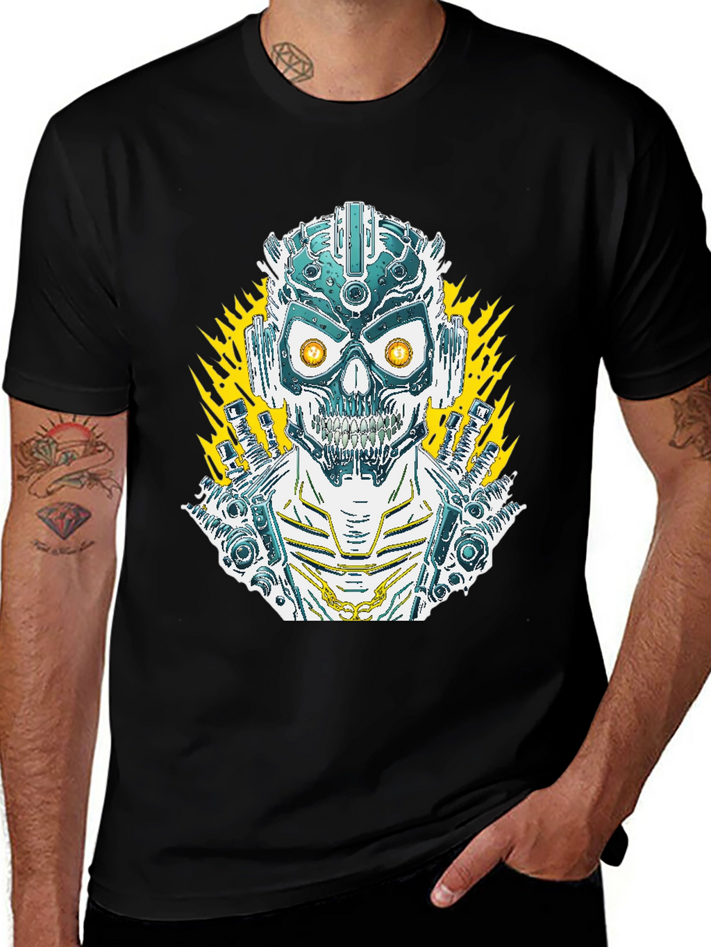 Cyberpunk Skull Graphic Tee - Mens Black T-Shirt