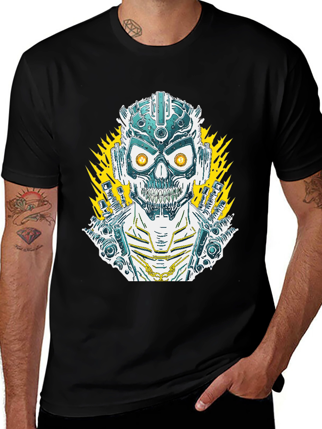 Cyberpunk Skull Graphic Tee - Mens Black T-Shirt