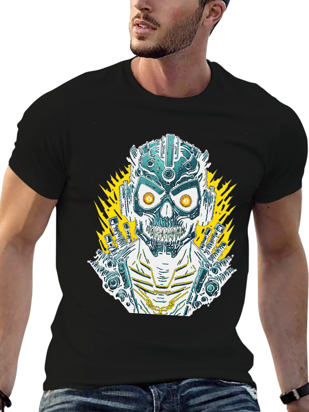 Cyberpunk Skull Graphic Tee - Mens Black T-Shirt