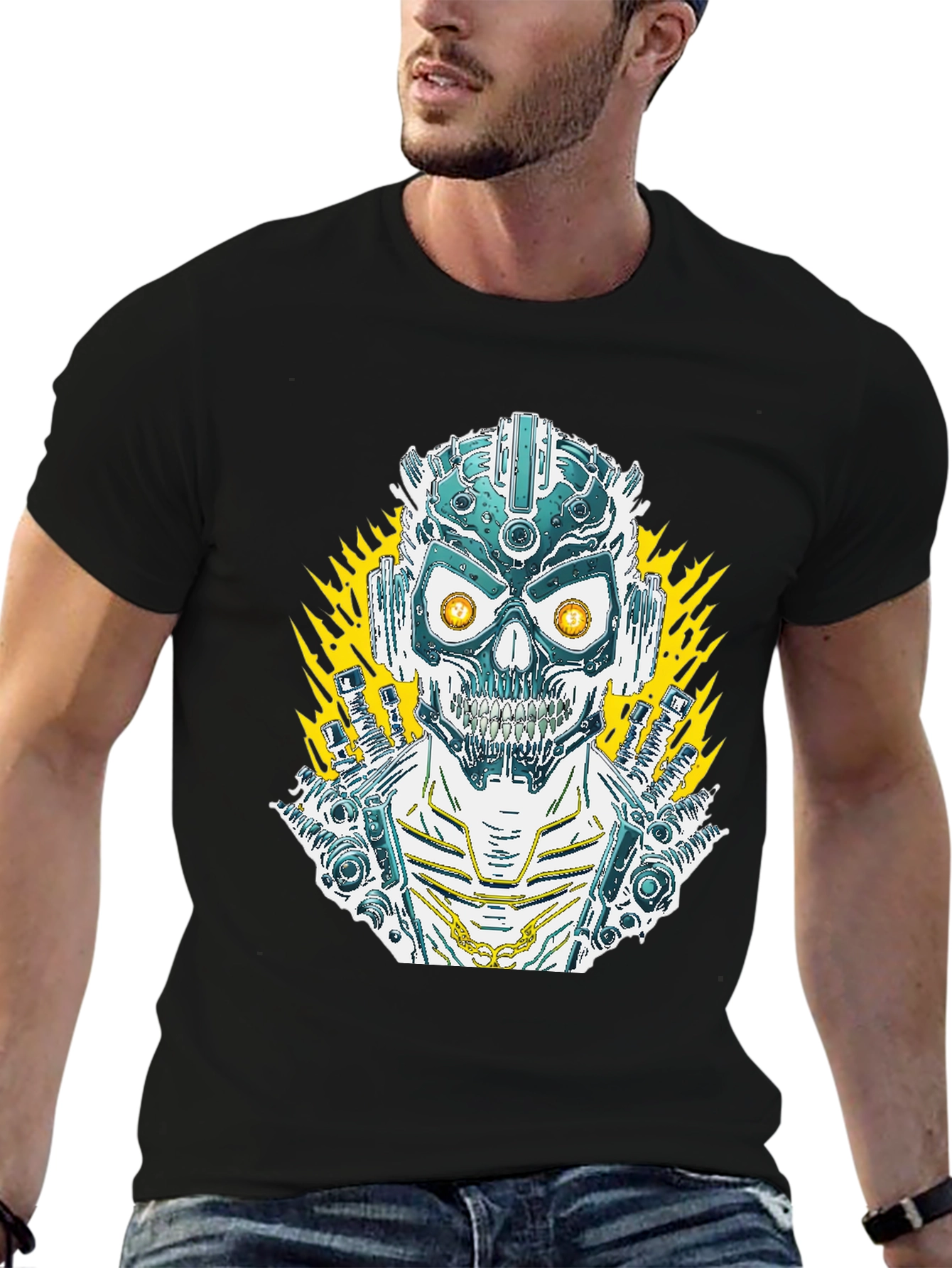 Cyberpunk Skull Graphic Tee - Mens Black T-Shirt