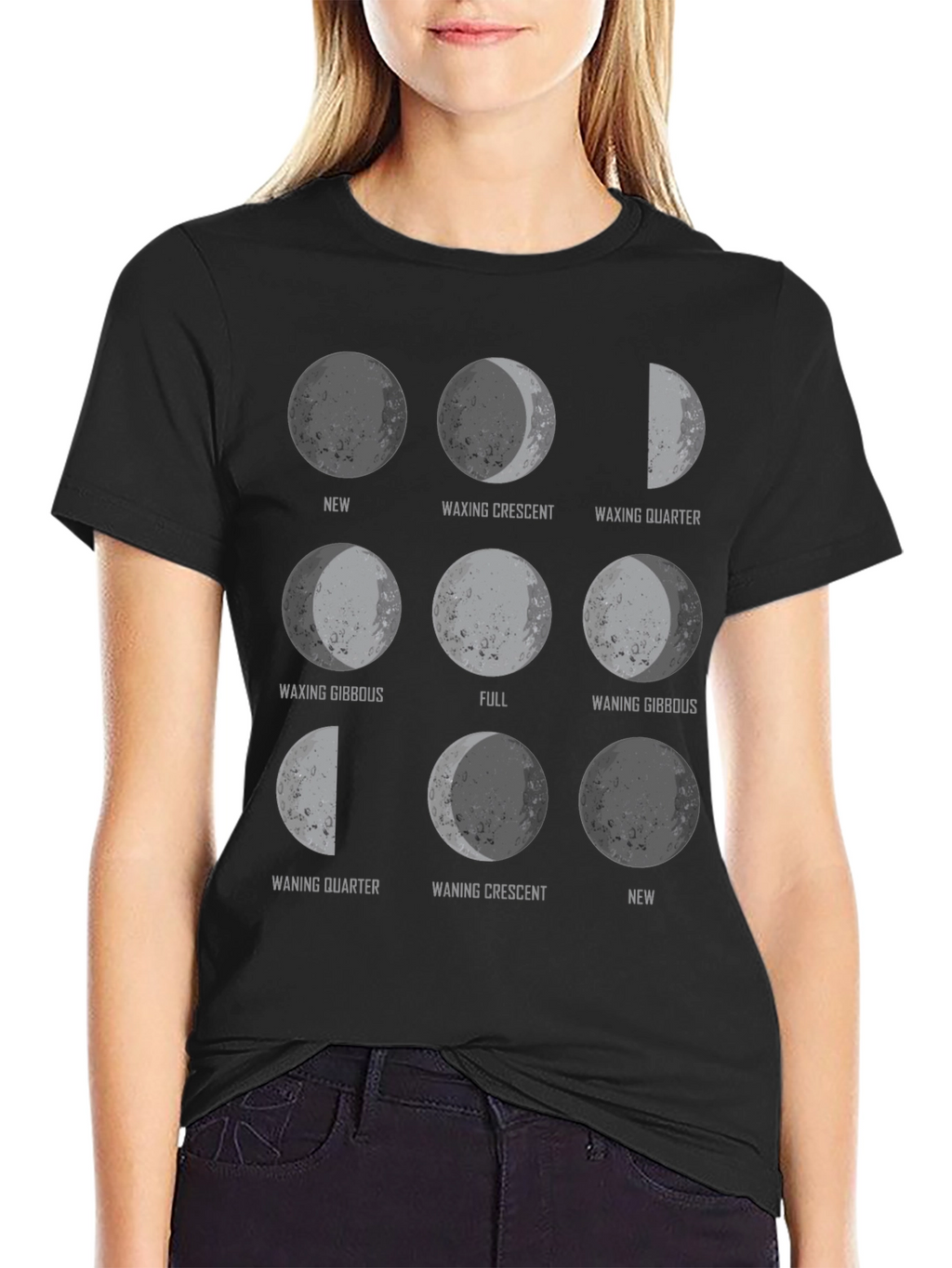 Moon Phases Graphic Print Black T-Shirt